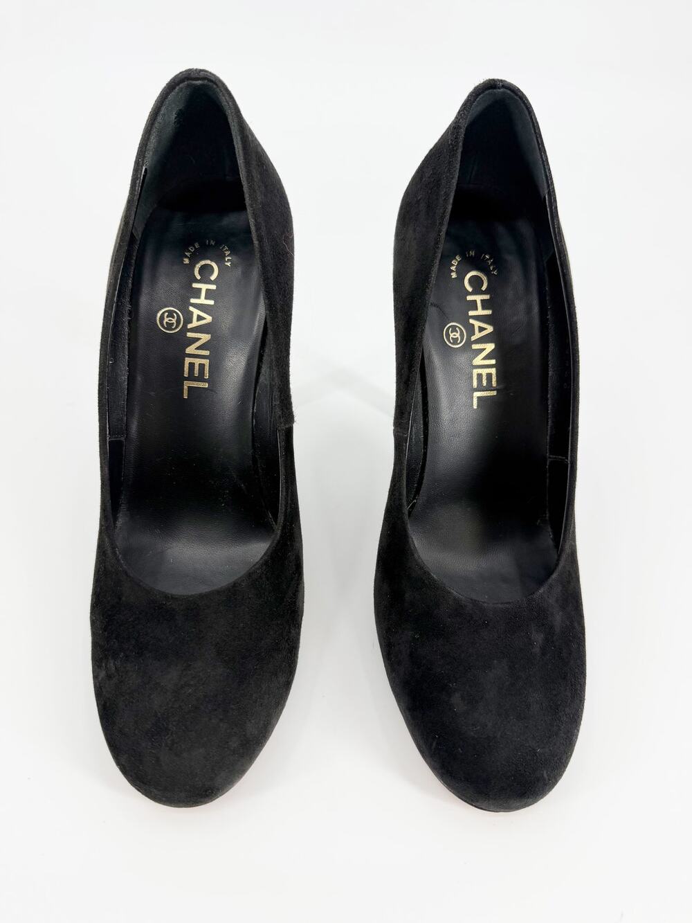 Chanel Black Suede Grosgrain Interlocking CC Logo Stiletto Pumps Heels 38 EU 7.5